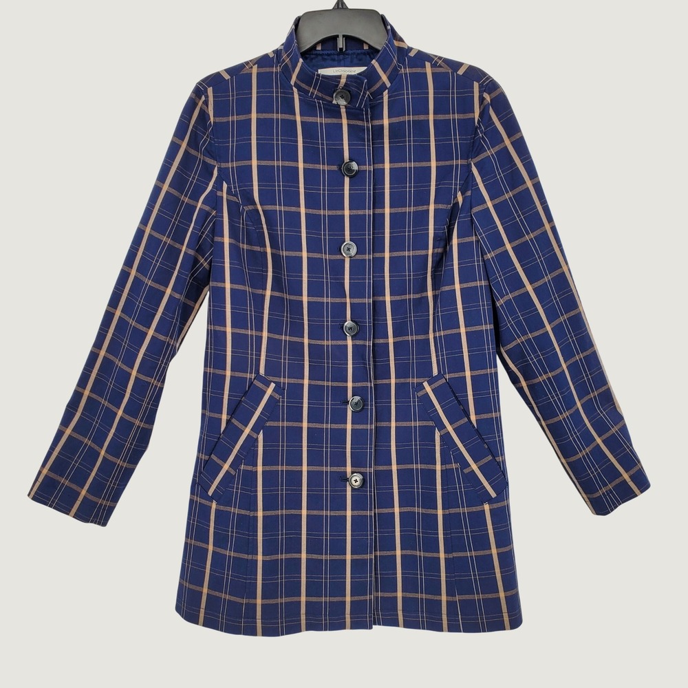 Liz Claiborne New York Blue Plaid Button‎ Front Mock Neck Coat Jacket Medium